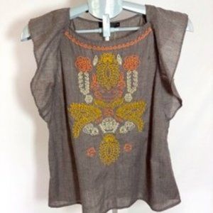 THML Anthropologie Top Size Small XS Brown Floral Embroidered Short Sleeve